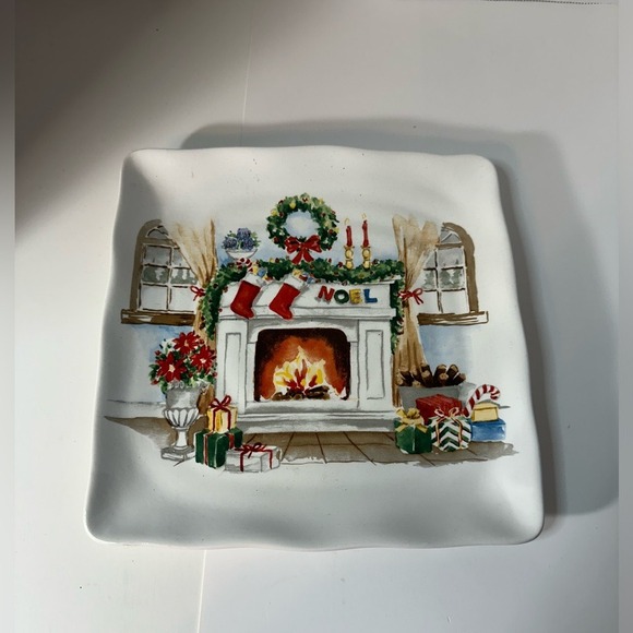Maxcera Other - Maxcera Christmas Fireplace Noel Square Ceramic Salad Appetizer Plate 8.5 Inch